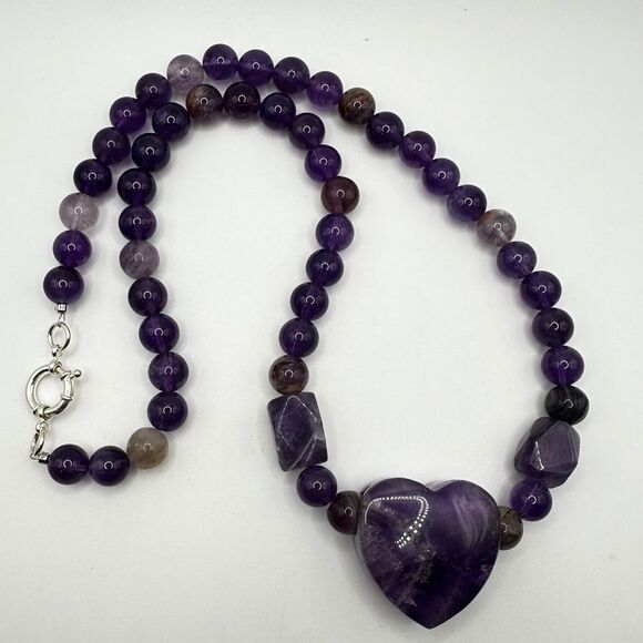 22" of ALL types of Amethyst beads, massive heart pendant necklace, 925 clasp! - Picture 10 of 15
